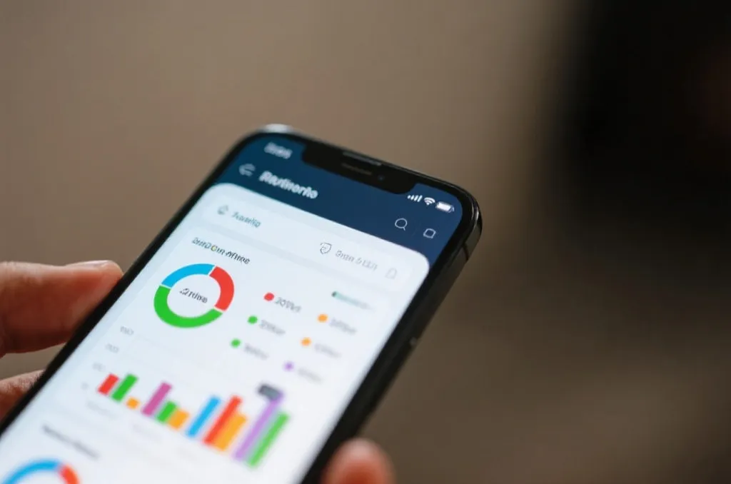 A close-up of a modern smartphone showing sleek user interface with vibrant sports analytics charts and clean dashboard design, soft natural lighting, editorial style