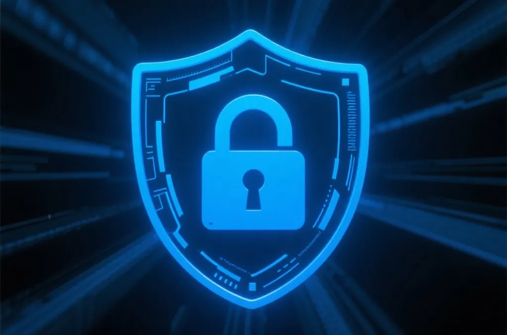 A glowing blue digital shield padlock icon on a high-tech dark background with soft light rays, representing cyber security and data protection