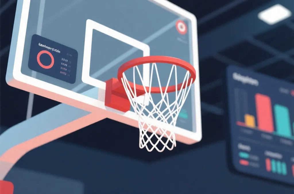 A close-up of a basketball hoop and net with a clean digital interface displaying abstract game statistics